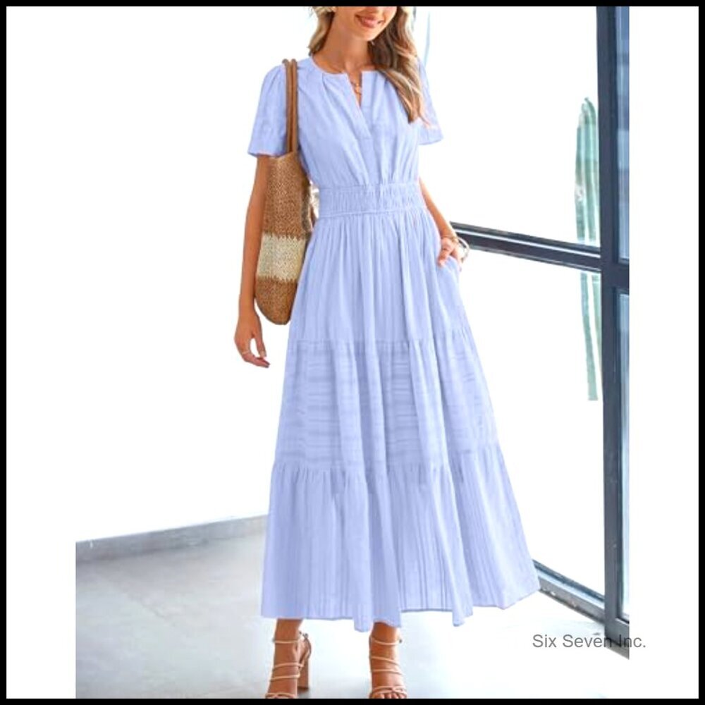 Lightweight Maxi Dress with Short Sleeves V Neck Elastic Waist Pockets - Picture 2 of 7